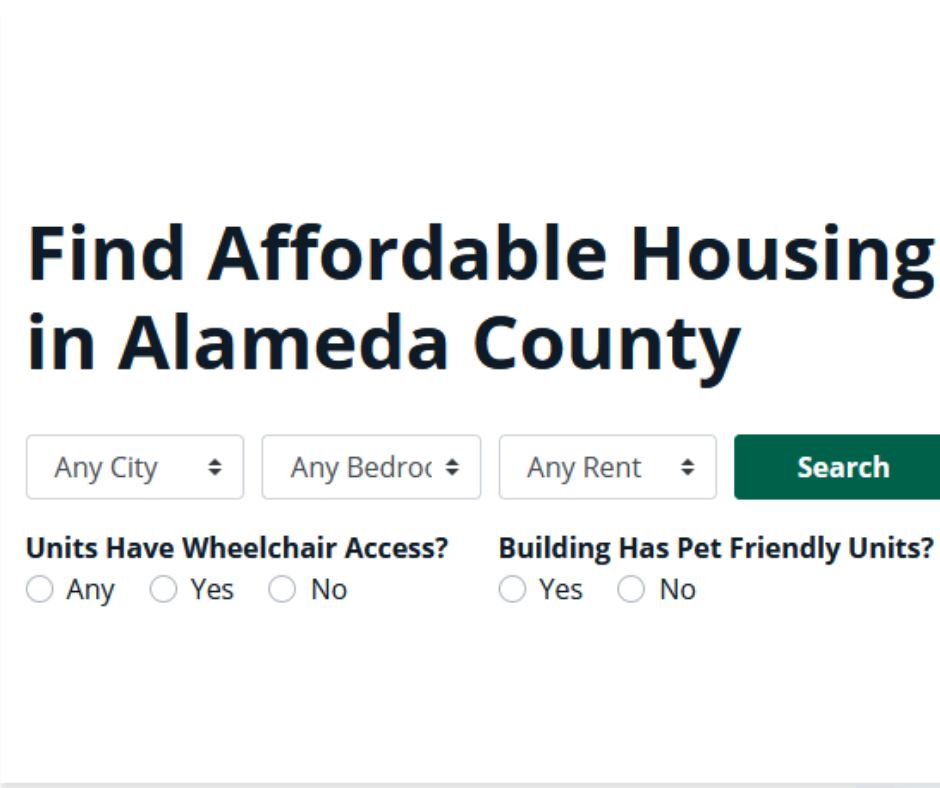 White text with Find Affordable Housing in Alameda County words and web interface.