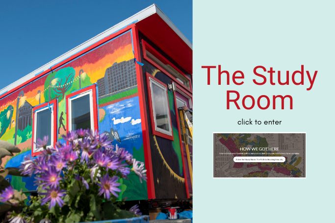 Image of a rainbow painted tiny h ouse & the study room