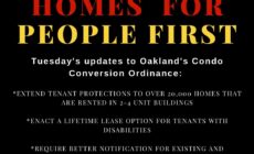 black square with red, yellow, and white text reads: Homes for people first Tuesday's update to Oakland's Condo Conversion Ordinance