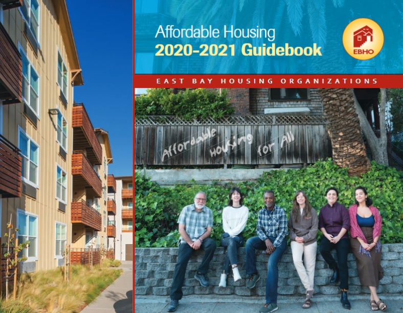 The cover of the 2020-2021 Affordable Housing Guidebook. Image shows Image shows a yellow and brown multi-family apartment building on the side with a blue sky above and in the center, a multi-racial group of six people between 25 and 60, sitting on a gray brick wall with ivy growing behind them, the base of a palm tree, and a worn brown fence above their heads. 