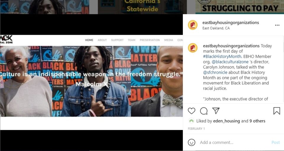 Image of Black Cultural Zone landing page and instagram caption