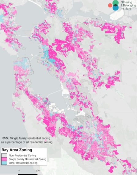 pink blogs over a map of the bay area show single-family zooning