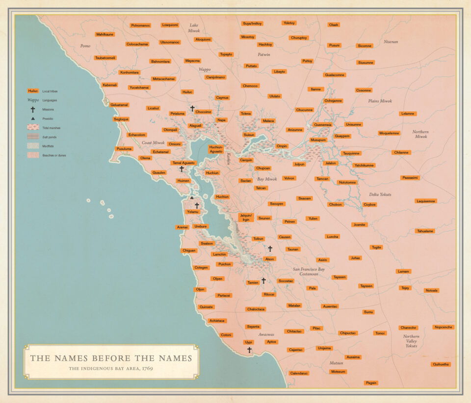 Image of the Bay Area with names of indigenous communities that lived here upon Spanish colonization. 