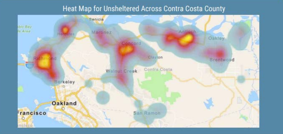 Heat map showing where unsheltered people live in Contra Costa County. Hotspots are in Richmond, Hercules, Concord, and Antioch.