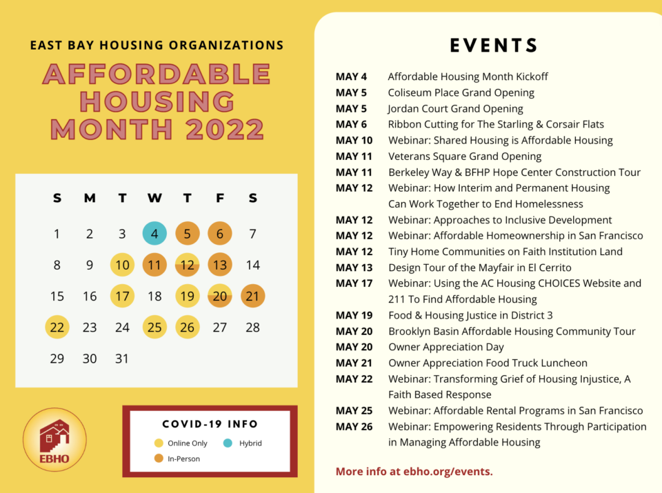 Calendar graphic listing all of the events EBHO is hosting during Affordable Housing Month. To read the full text in a screenreader accessible format, please visit ebho.org/events.
