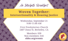 Gold, purple, and white flyer for the interfaith breakfast with a woven background. The text of the flyer is repeated on the webpage below.