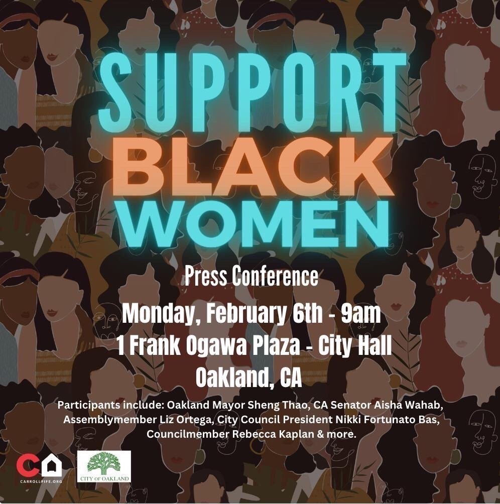 Graphic advertising the Support Black Women press conference